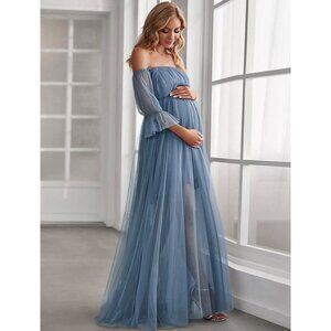 Blue Off-Shoulder Maternity Maxi Dress